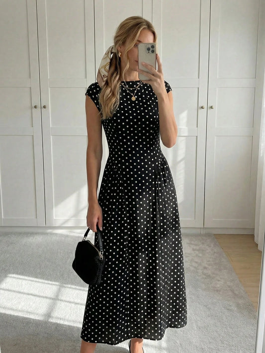 Easowa Women's Polka Dot Pattern Round Neck Cap Sleeve Elegant Mid-Length Dress Polka Dots Long Dress Women Dress Long Dress Black Dot Dress Dress Outfit