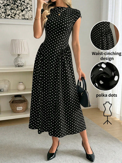 Easowa Women's Polka Dot Pattern Round Neck Cap Sleeve Elegant Mid-Length Dress Polka Dots Long Dress Women Dress Long Dress Black Dot Dress Dress Outfit