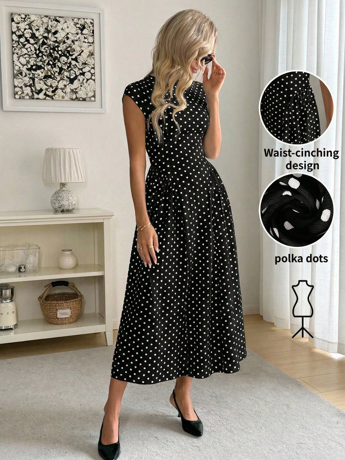 Easowa Women's Polka Dot Pattern Round Neck Cap Sleeve Elegant Mid-Length Dress Polka Dots Long Dress Women Dress Long Dress Black Dot Dress Dress Outfit