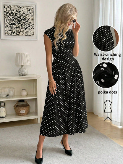 Easowa Women's Polka Dot Pattern Round Neck Cap Sleeve Elegant Mid-Length Dress Polka Dots Long Dress Women Dress Long Dress Black Dot Dress Dress Outfit