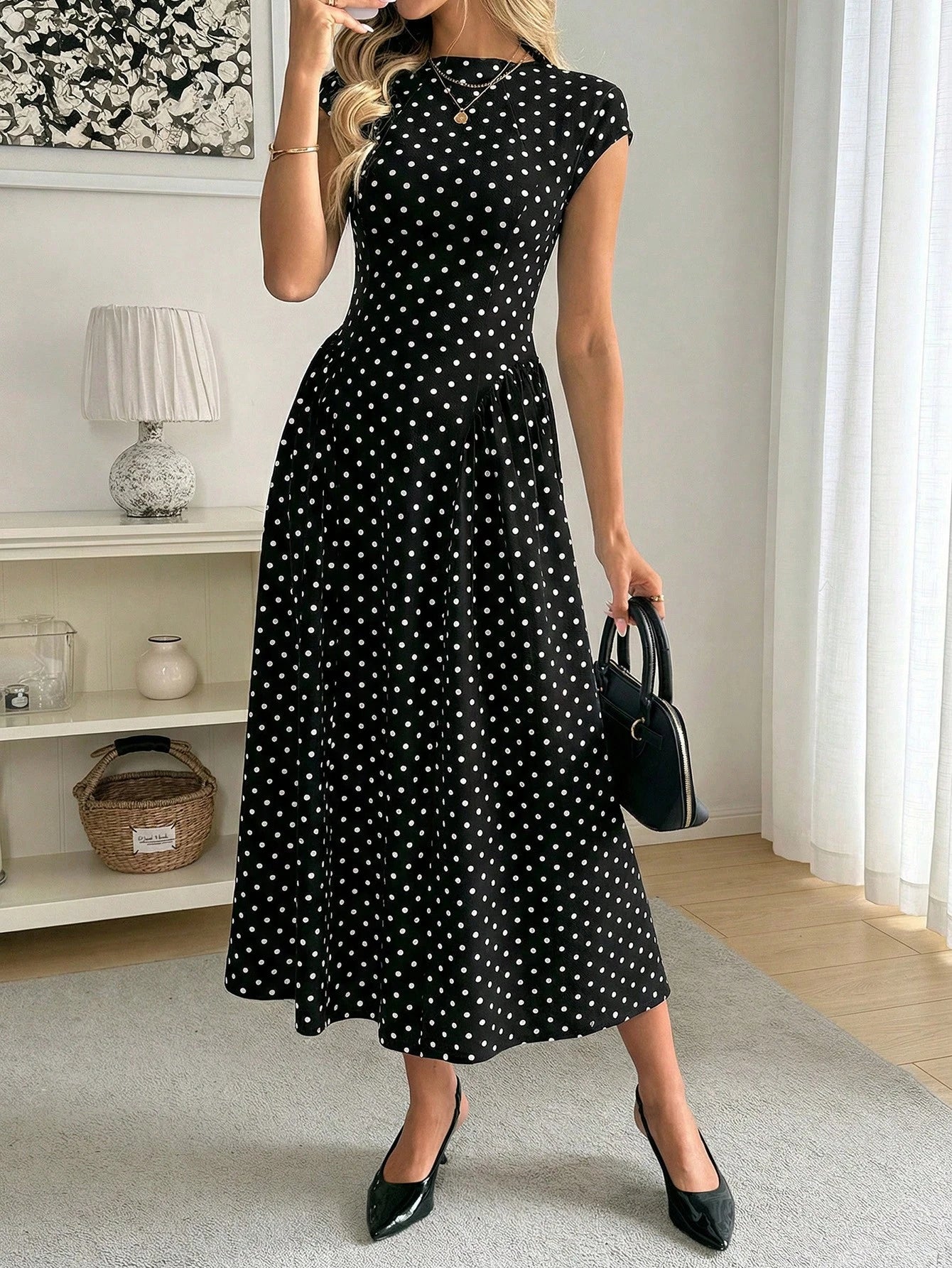 Easowa Women's Polka Dot Pattern Round Neck Cap Sleeve Elegant Mid-Length Dress Polka Dots Long Dress Women Dress Long Dress Black Dot Dress Dress Outfit