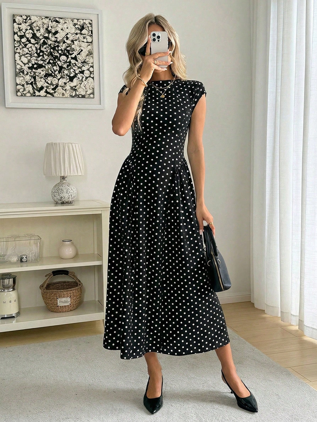 Easowa Women's Polka Dot Pattern Round Neck Cap Sleeve Elegant Mid-Length Dress Polka Dots Long Dress Women Dress Long Dress Black Dot Dress Dress Outfit