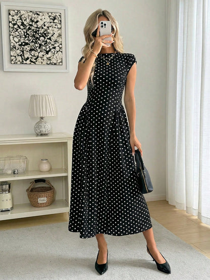Easowa Women's Polka Dot Pattern Round Neck Cap Sleeve Elegant Mid-Length Dress Polka Dots Long Dress Women Dress Long Dress Black Dot Dress Dress Outfit