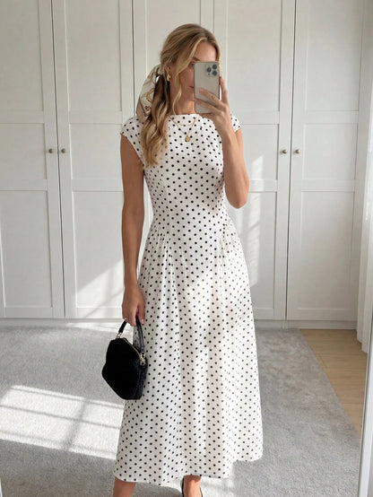 Easowa Women's Polka Dot Pattern Round Neck Cap Sleeve Elegant Mid-Length Dress Polka Dots Long Dress Women Dress Long Dress Black Dot Dress Dress Outfit