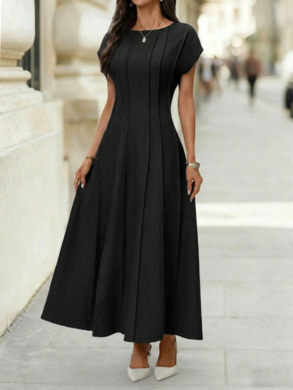 Editum Women's Elegant Knee-Length Dress With Round Neck, Cinched Waist, Cap Sleeves, Blue Color, Suitable For Casual Wear And Commuting, Early Spring