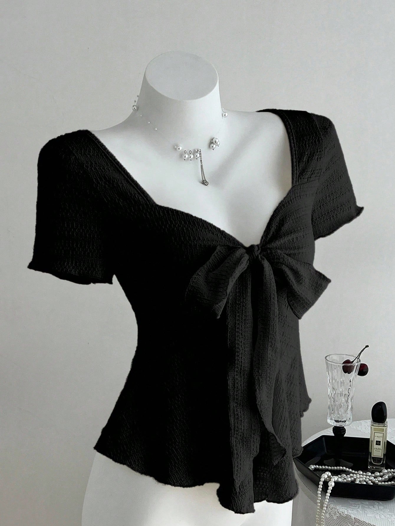 Elamini New Casual Vacation V-Neck Tie Bow Textured Fabric Fitted Women Short Sleeve T-Shirt, Spring/Summer