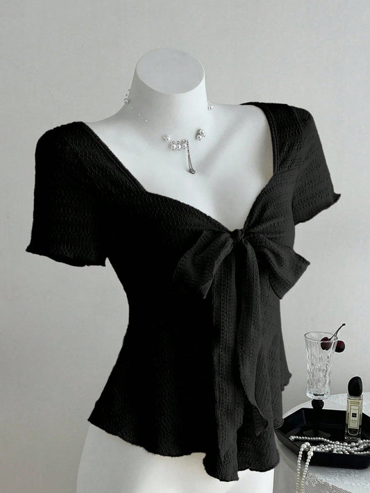 Elamini New Casual Vacation V-Neck Tie Bow Textured Fabric Fitted Women Short Sleeve T-Shirt, Spring/Summer