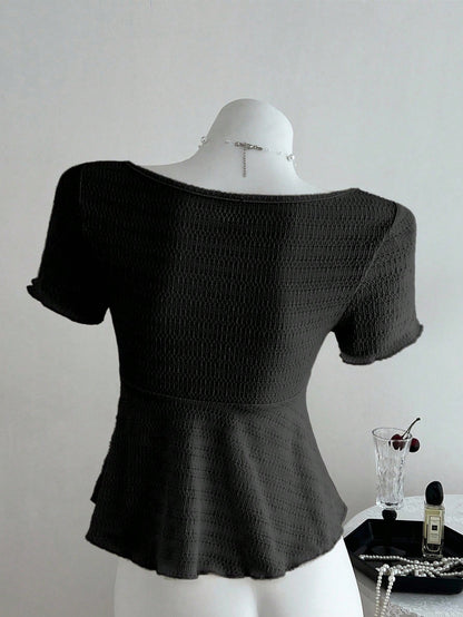 Elamini New Casual Vacation V-Neck Tie Bow Textured Fabric Fitted Women Short Sleeve T-Shirt, Spring/Summer