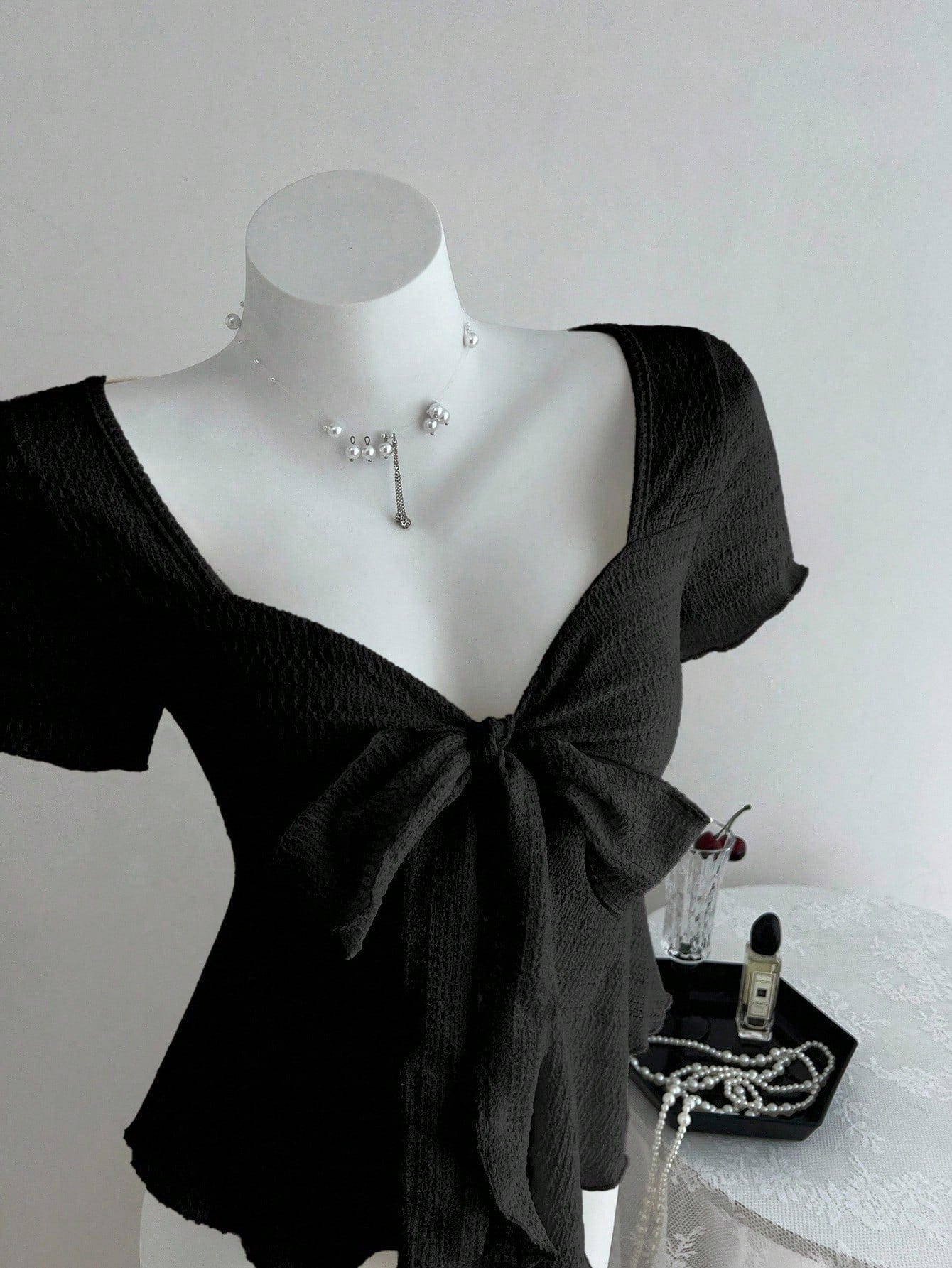Elamini New Casual Vacation V-Neck Tie Bow Textured Fabric Fitted Women Short Sleeve T-Shirt, Spring/Summer