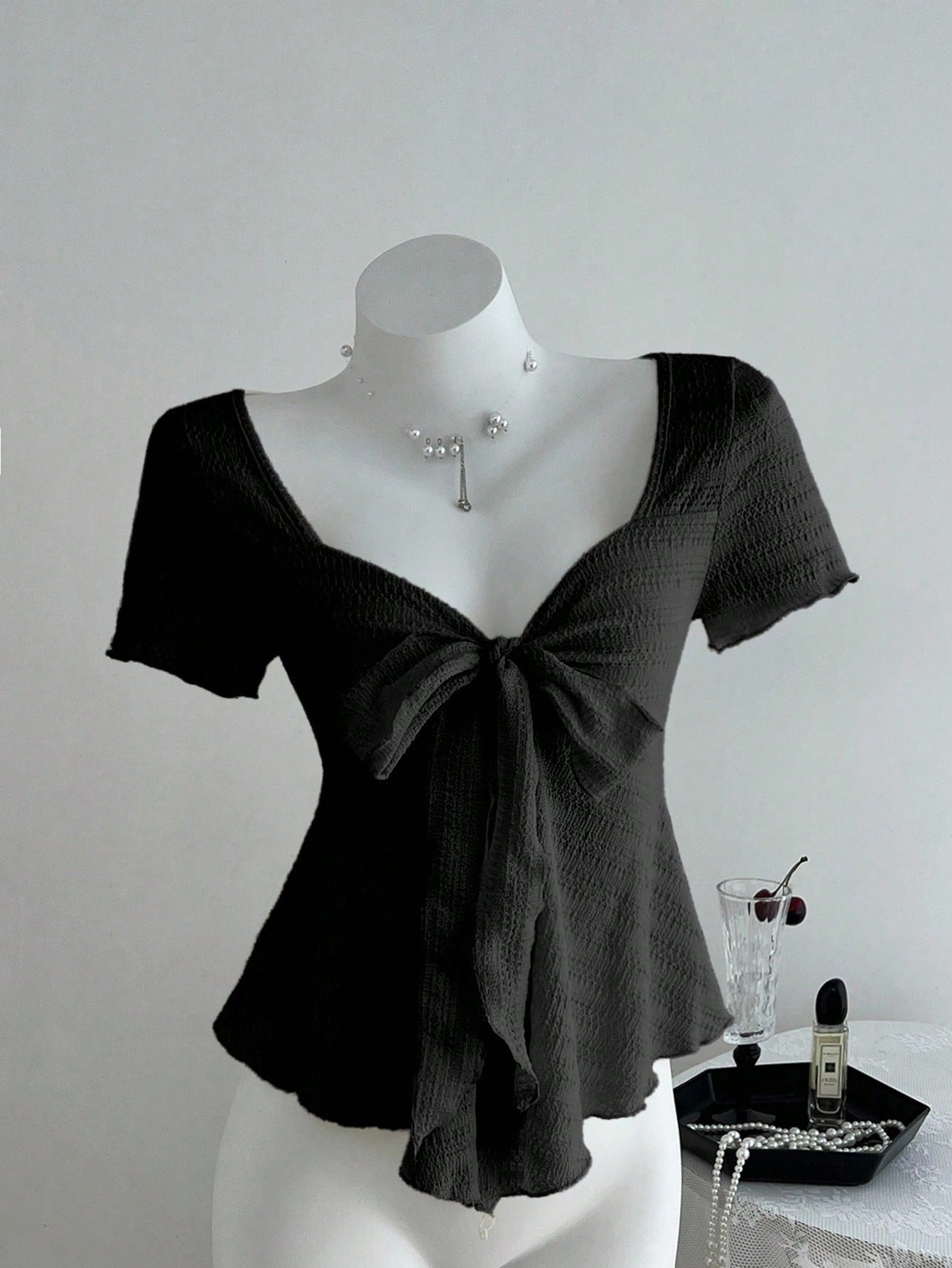 Elamini New Casual Vacation V-Neck Tie Bow Textured Fabric Fitted Women Short Sleeve T-Shirt, Spring/Summer