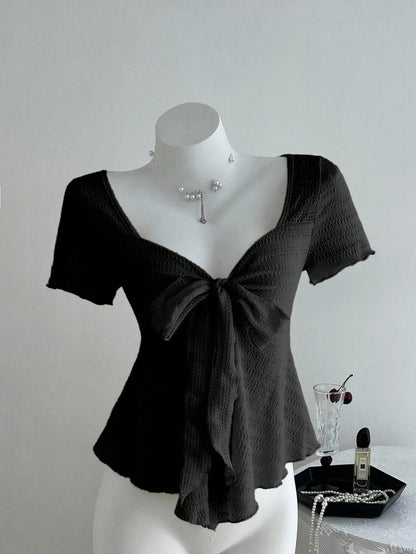 Elamini New Casual Vacation V-Neck Tie Bow Textured Fabric Fitted Women Short Sleeve T-Shirt, Spring/Summer