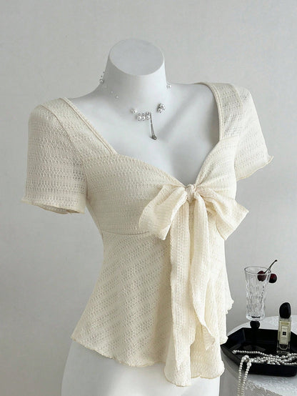 Elamini New Casual Vacation V-Neck Tie Bow Textured Fabric Fitted Women Short Sleeve T-Shirt, Spring/Summer