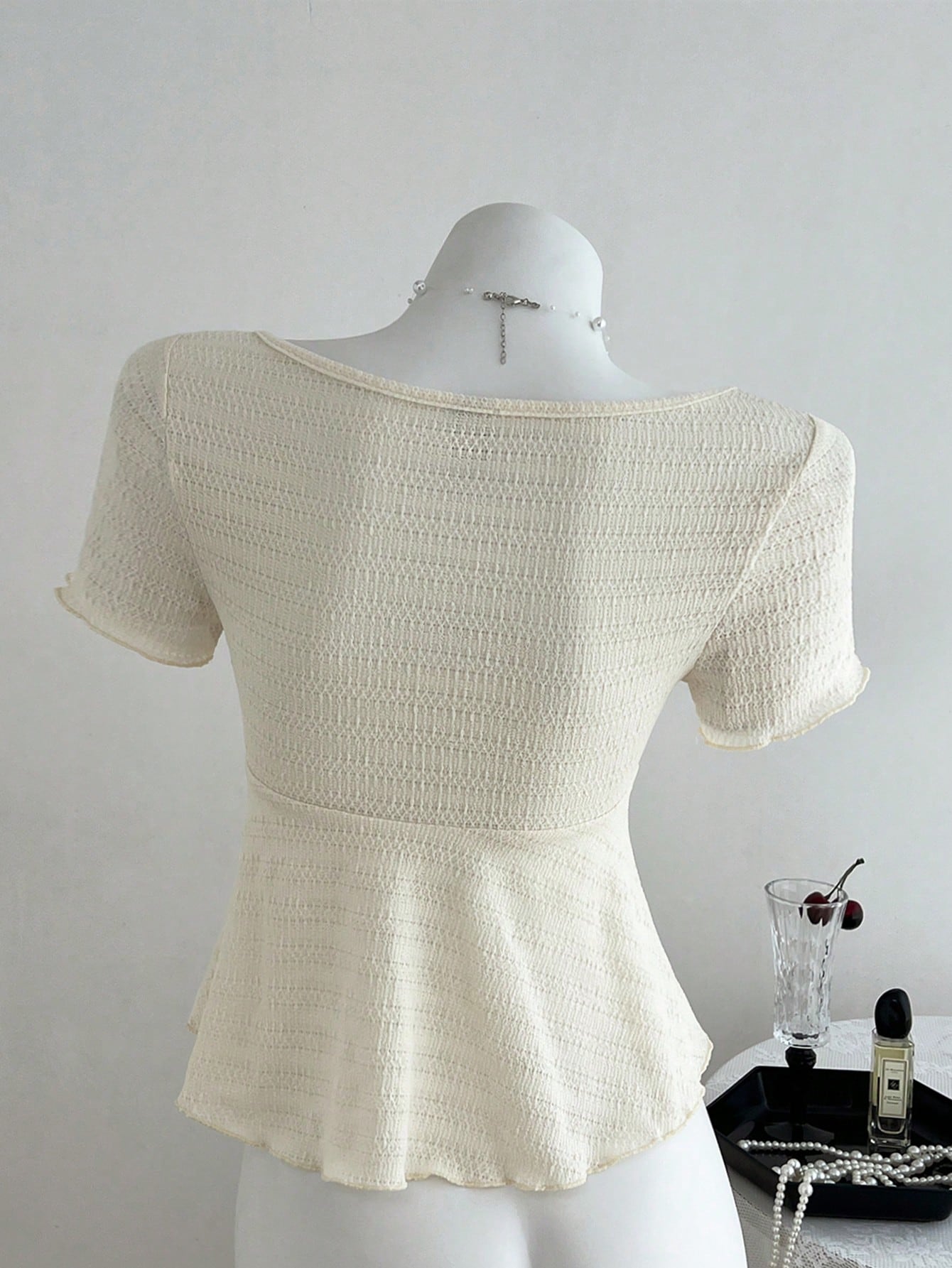 Elamini New Casual Vacation V-Neck Tie Bow Textured Fabric Fitted Women Short Sleeve T-Shirt, Spring/Summer