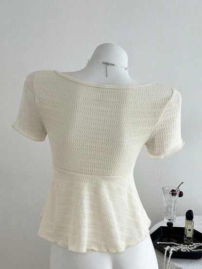 Elamini New Casual Vacation V-Neck Tie Bow Textured Fabric Fitted Women Short Sleeve T-Shirt, Spring/Summer