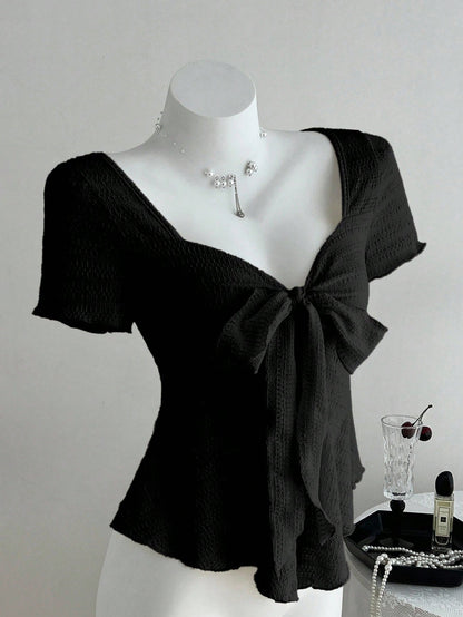 Elamini New Casual Vacation V-Neck Tie Bow Textured Fabric Fitted Women Short Sleeve T-Shirt, Spring/Summer