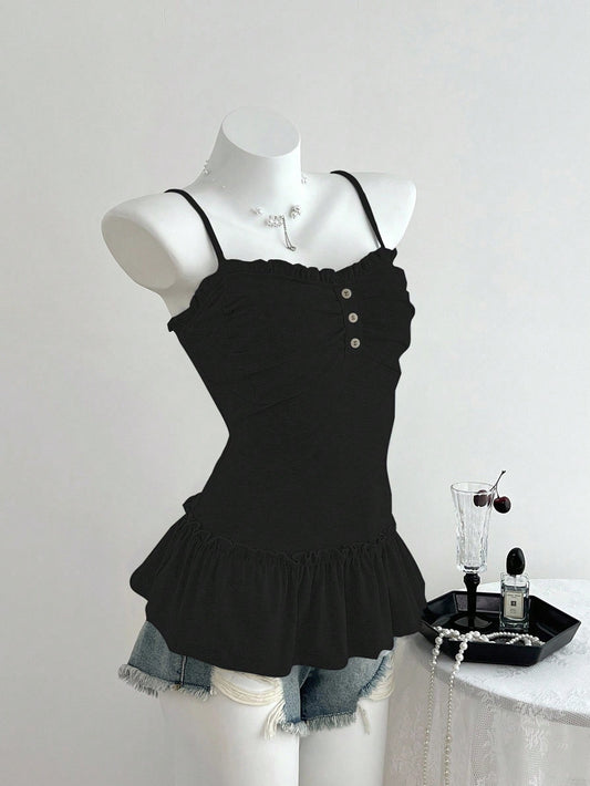 Elamini Women's Casual Camisole Top With Frill Trim And Front Pleats
