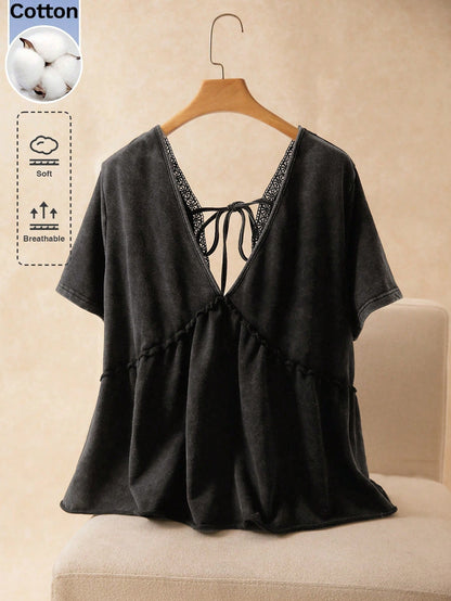 Elaquor Plus Size Casual Washed Short Sleeve T-Shirt, Summer Blouse For Women Tops Korean Style Woman Clothes Ladies Latest
