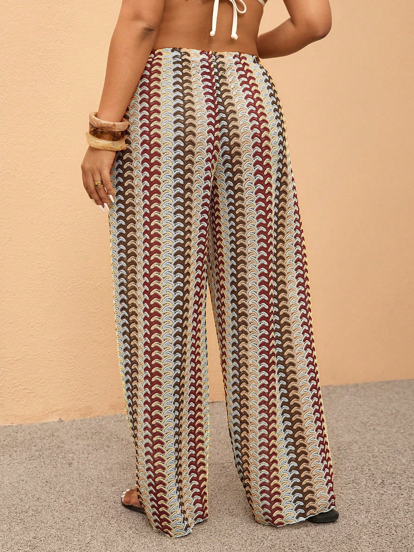 Elaquor Plus Size Striped Print Elastic Waist Casual Cover-Up Pants, Spring