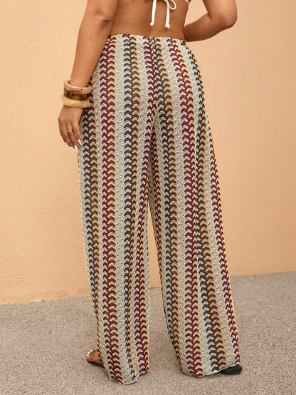 Elaquor Plus Size Striped Print Elastic Waist Casual Cover-Up Pants, Spring