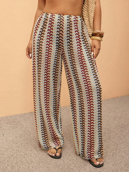 Elaquor Plus Size Striped Print Elastic Waist Casual Cover-Up Pants, Spring