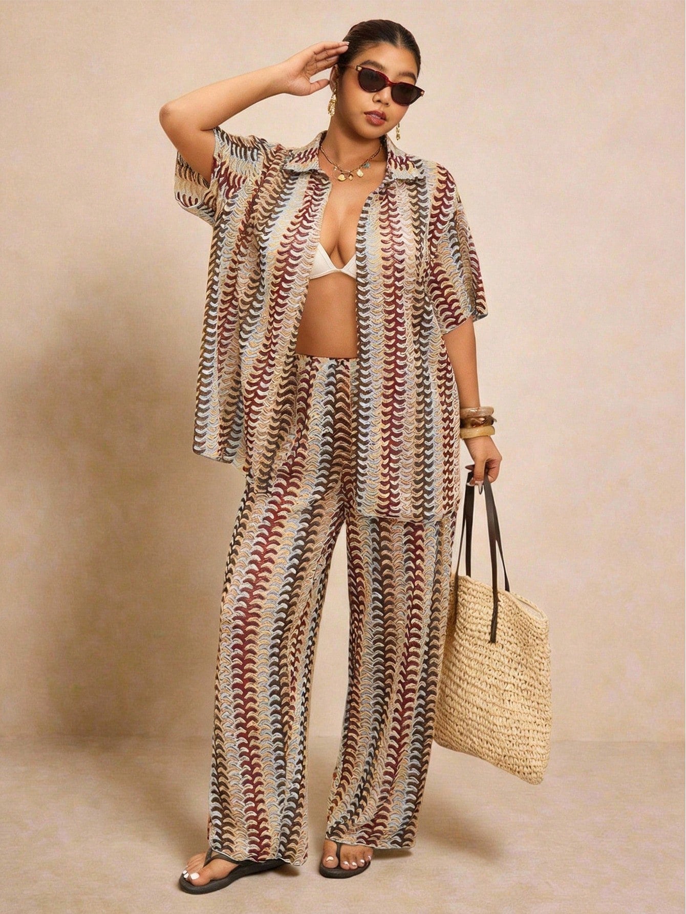 Elaquor Plus Size Striped Print Elastic Waist Casual Cover-Up Pants, Spring