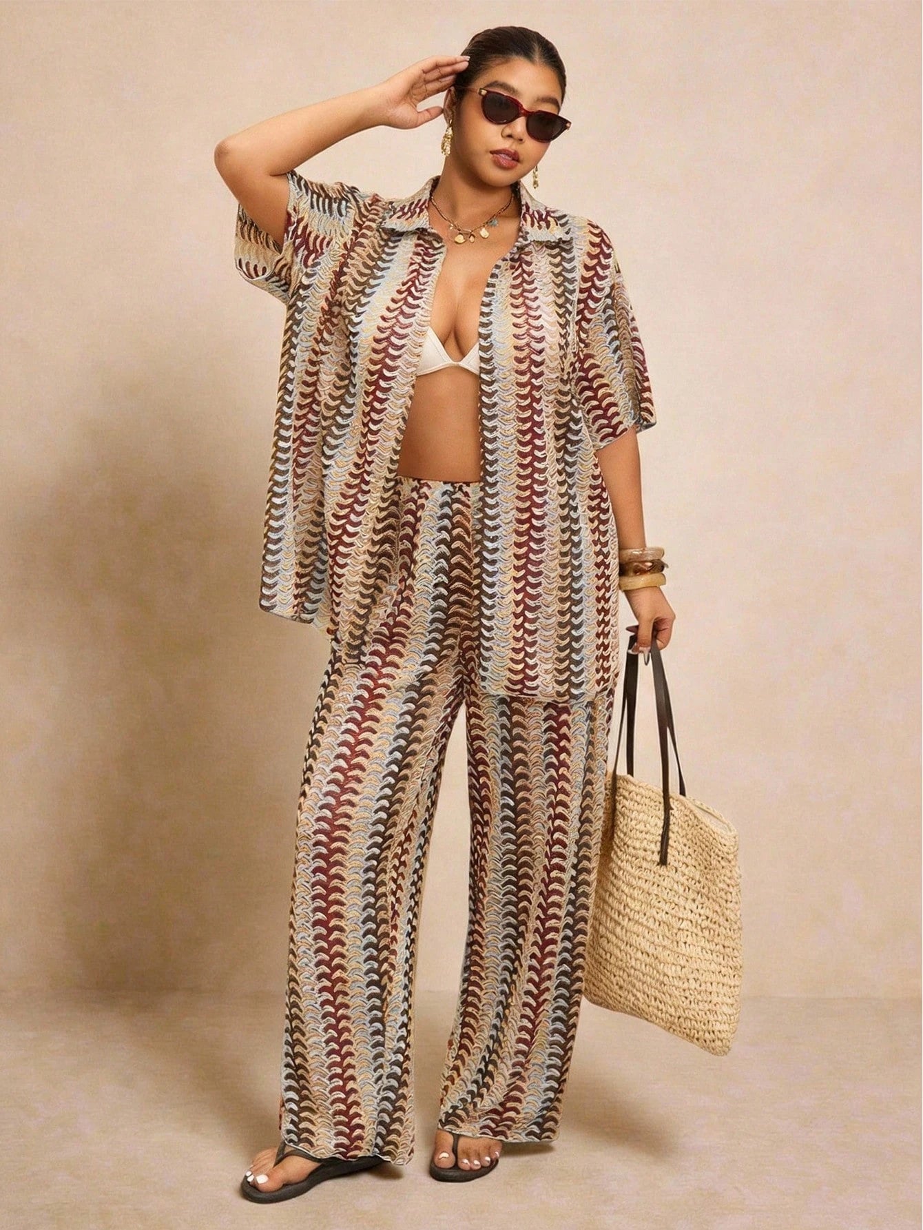 Elaquor Plus Size Women's Striped Loose Cover-Up Top And Pants Set For Vacation