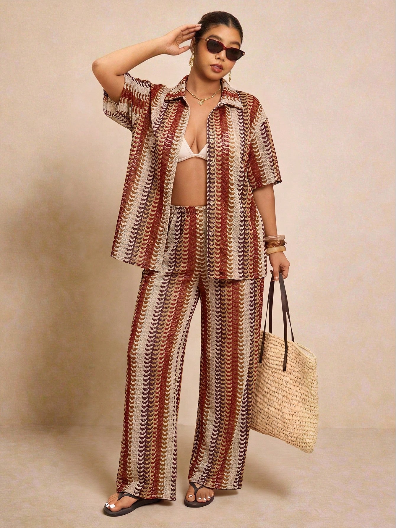 Elaquor Plus Size Women's Striped Loose Cover-Up Top And Pants Set For Vacation