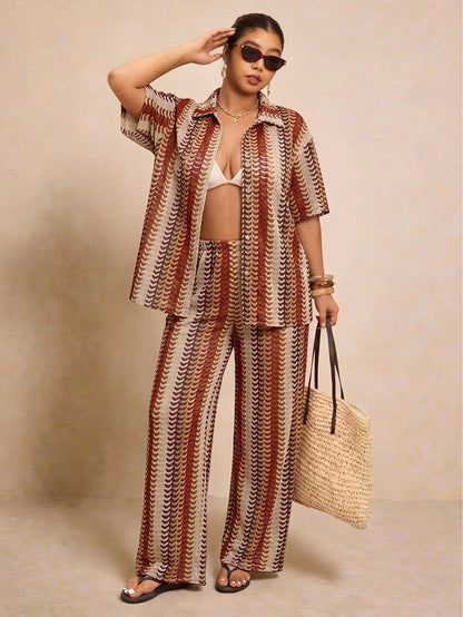 Elaquor Plus Size Women's Striped Loose Cover-Up Top And Pants Set For Vacation