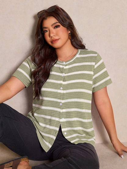 Elaquor Plus Size Women Summer Casual Minimalist Striped T-Shirt Casual Striped T-Shirt For Women