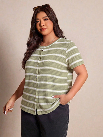 Elaquor Plus Size Women Summer Casual Minimalist Striped T-Shirt Casual Striped T-Shirt For Women