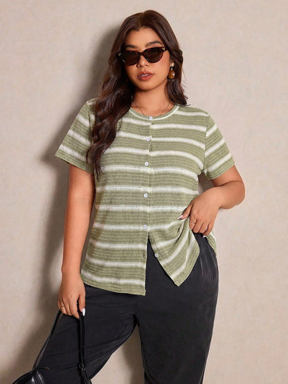 Elaquor Plus Size Women Summer Casual Minimalist Striped T-Shirt Casual Striped T-Shirt For Women