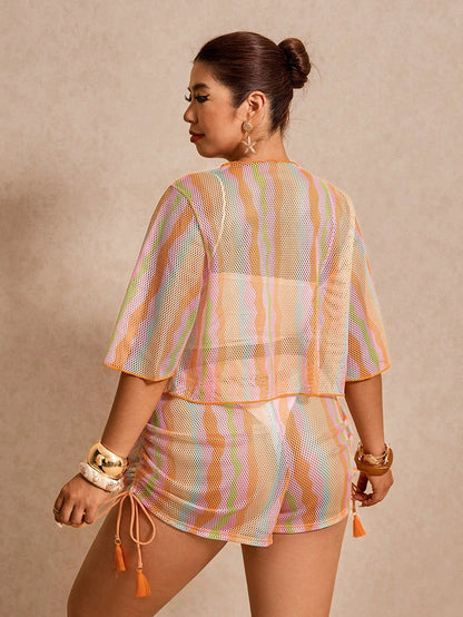Elaquor Plus Size Women Vacation Striped Front Tie Short Sleeve Kimono Top And Shorts Set Summer Swimwear For Women Beach Outfit Bikini Bathing Suits
