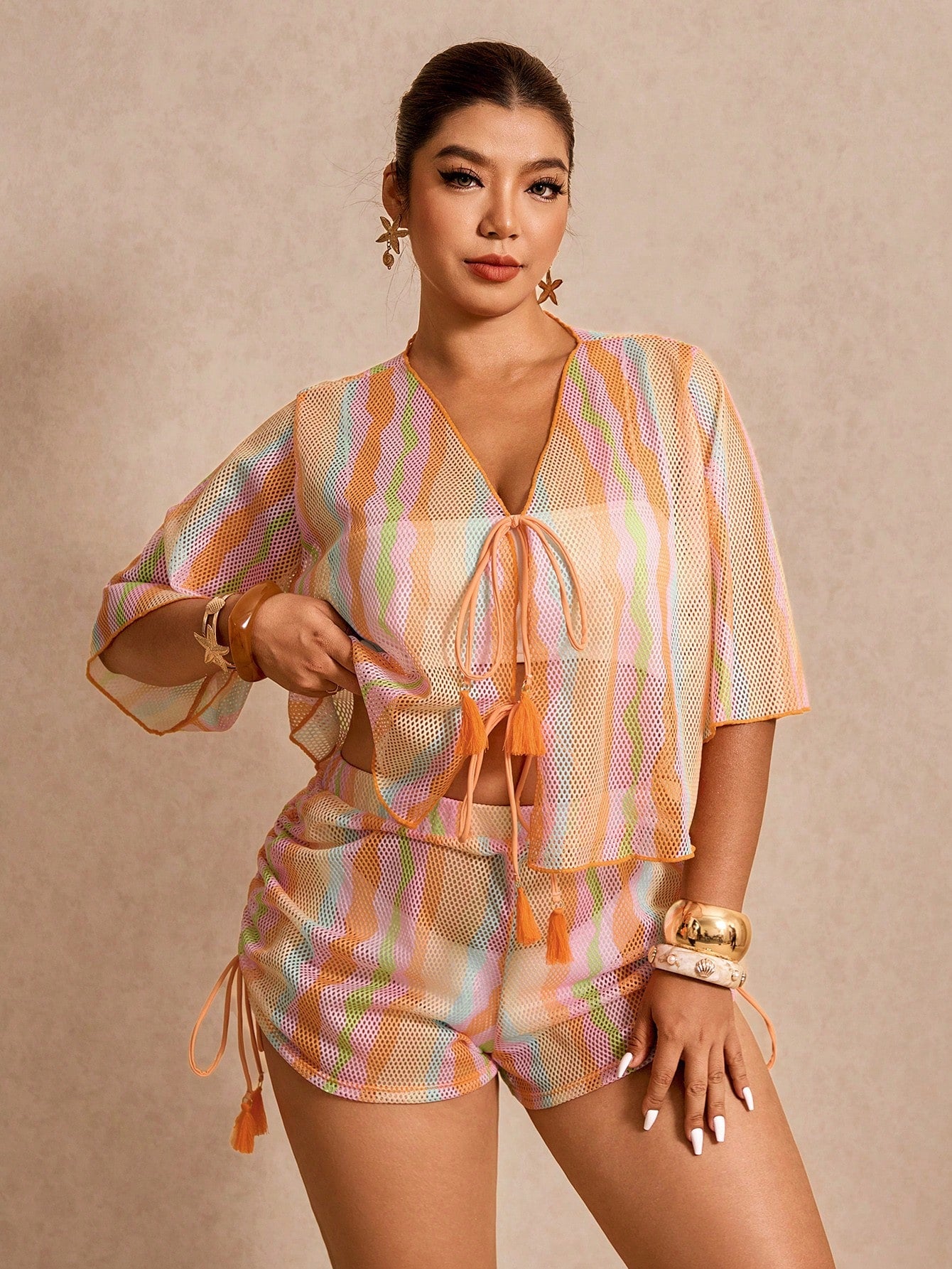 Elaquor Plus Size Women Vacation Striped Front Tie Short Sleeve Kimono Top And Shorts Set Summer Swimwear For Women Beach Outfit Bikini Bathing Suits