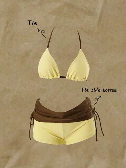 Elavelle Bikini Set With Hanging Neck Triangle Cup And High-Waisted Shorts To Hide Fat And Look Slimmer, Summer Hot Spring Vacation Swimsuit, Suitable For Beac