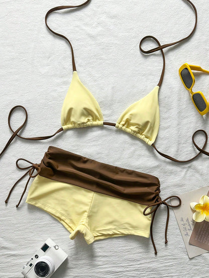 Elavelle Bikini Set With Hanging Neck Triangle Cup And High-Waisted Shorts To Hide Fat And Look Slimmer, Summer Hot Spring Vacation Swimsuit, Suitable For Beac