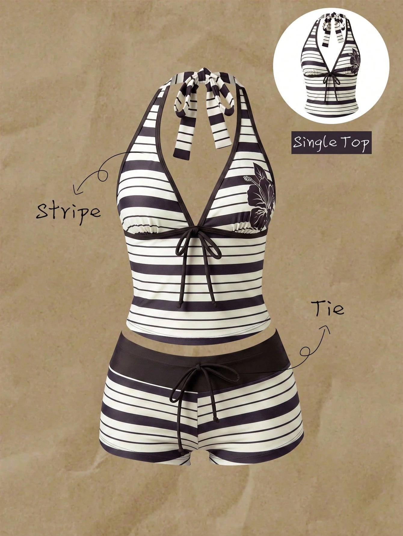 Elavelle Women's Spring/Summer Random Print Spaghetti Strap Bow Tank Top Bikini Top