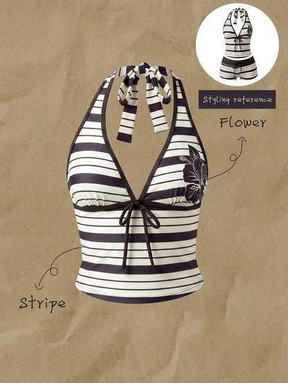 Elavelle Women's Spring/Summer Random Print Spaghetti Strap Bow Tank Top Bikini Top