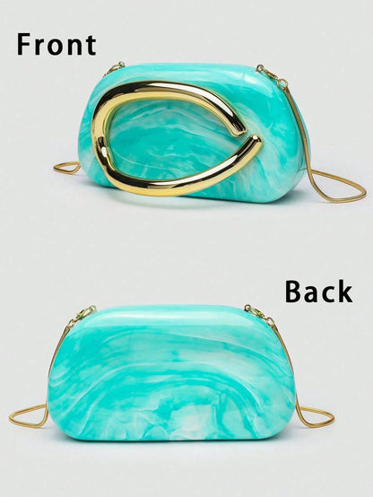 Elegant Bag With Unique Turquoise Marble Texture And Gold Handle,Sleek Hardcase Handbag,Versatile Bag,Perfect For Banquet,Clubbing,Seaside Resorts