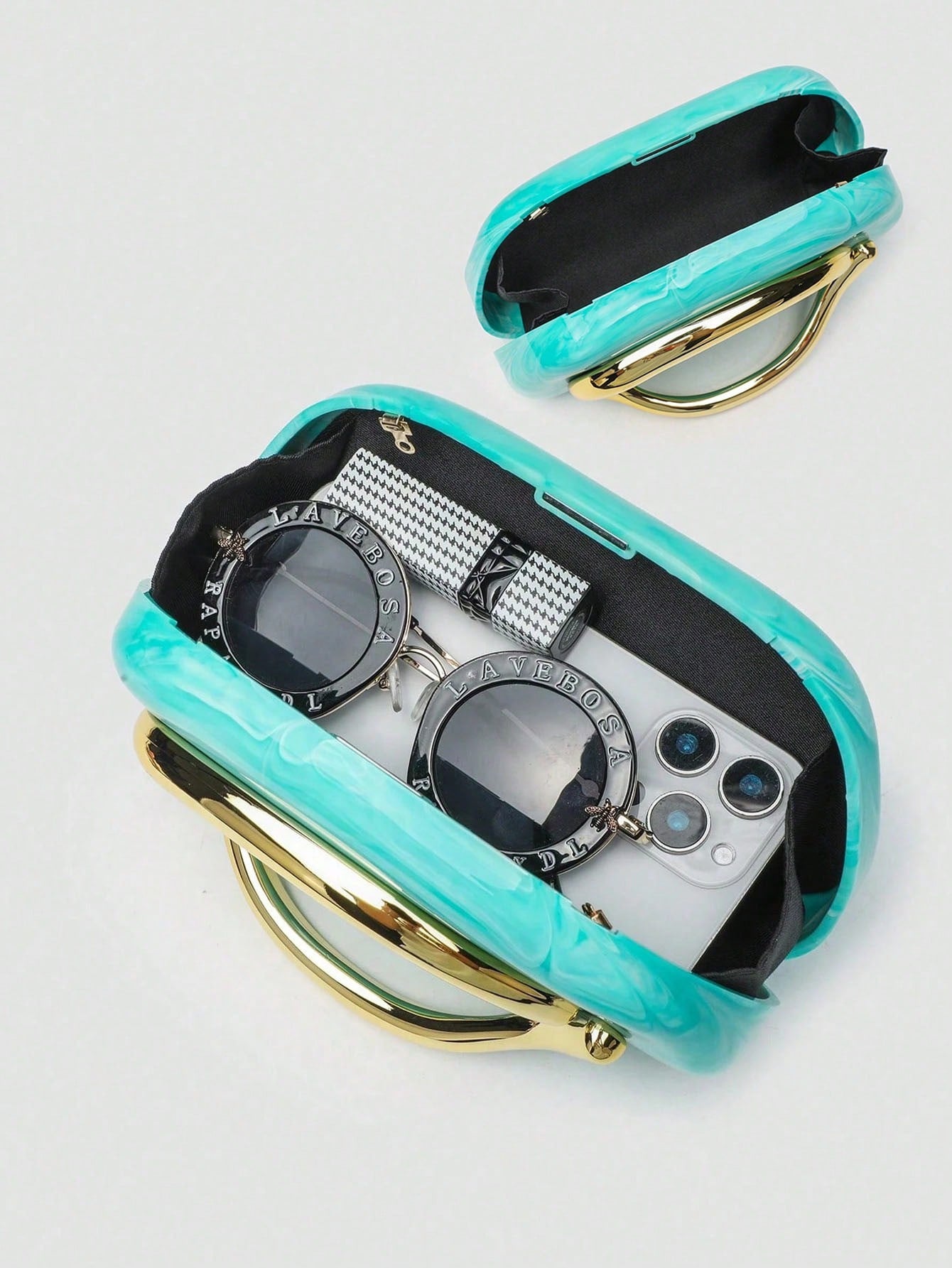 Elegant Bag With Unique Turquoise Marble Texture And Gold Handle,Sleek Hardcase Handbag,Versatile Bag,Perfect For Banquet,Clubbing,Seaside Resorts
