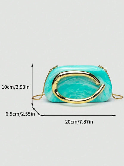 Elegant Bag With Unique Turquoise Marble Texture And Gold Handle,Sleek Hardcase Handbag,Versatile Bag,Perfect For Banquet,Clubbing,Seaside Resorts