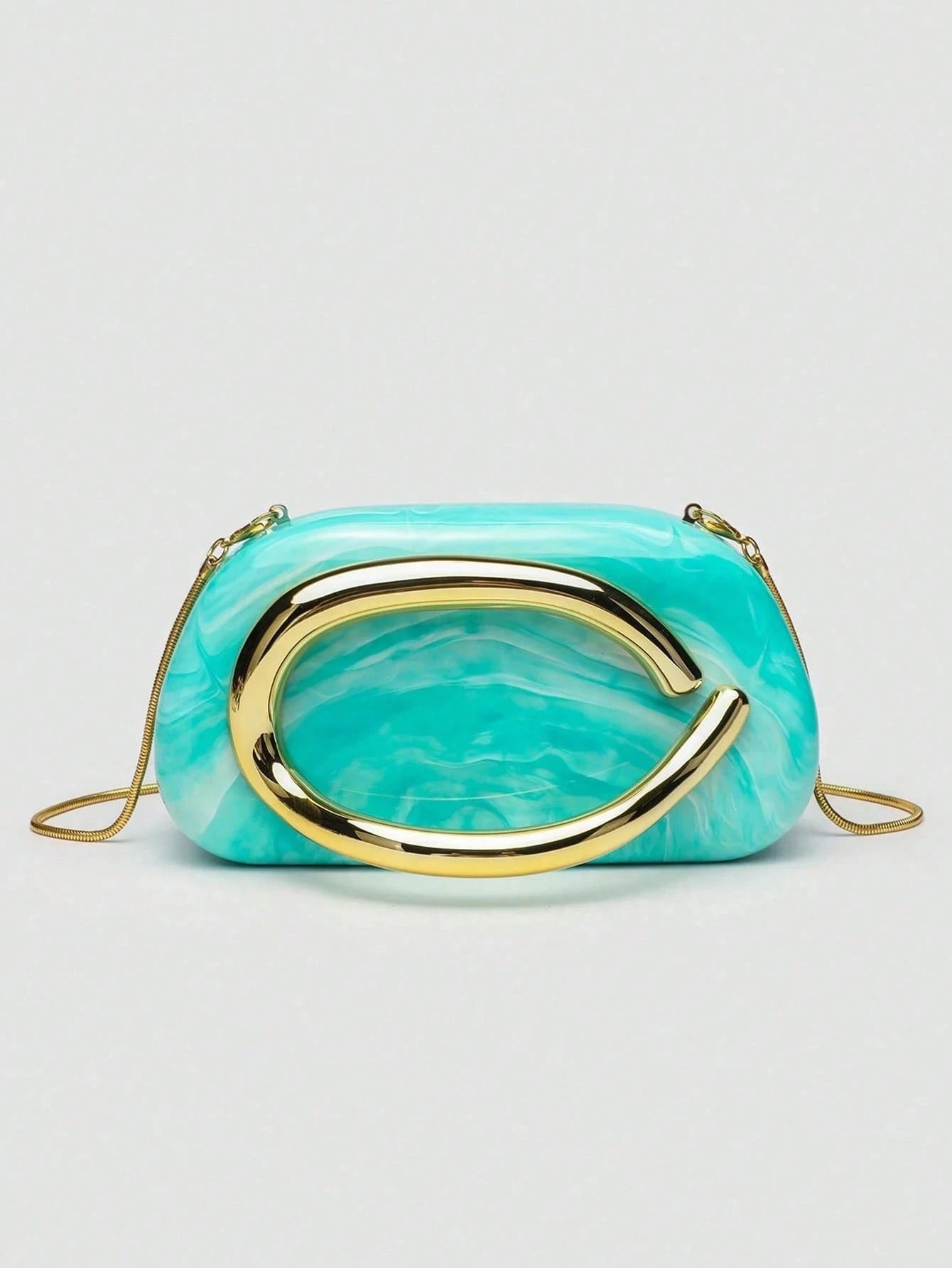 Elegant Bag With Unique Turquoise Marble Texture And Gold Handle,Sleek Hardcase Handbag,Versatile Bag,Perfect For Banquet,Clubbing,Seaside Resorts