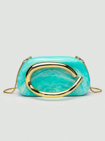 Elegant Bag With Unique Turquoise Marble Texture And Gold Handle,Sleek Hardcase Handbag,Versatile Bag,Perfect For Banquet,Clubbing,Seaside Resorts
