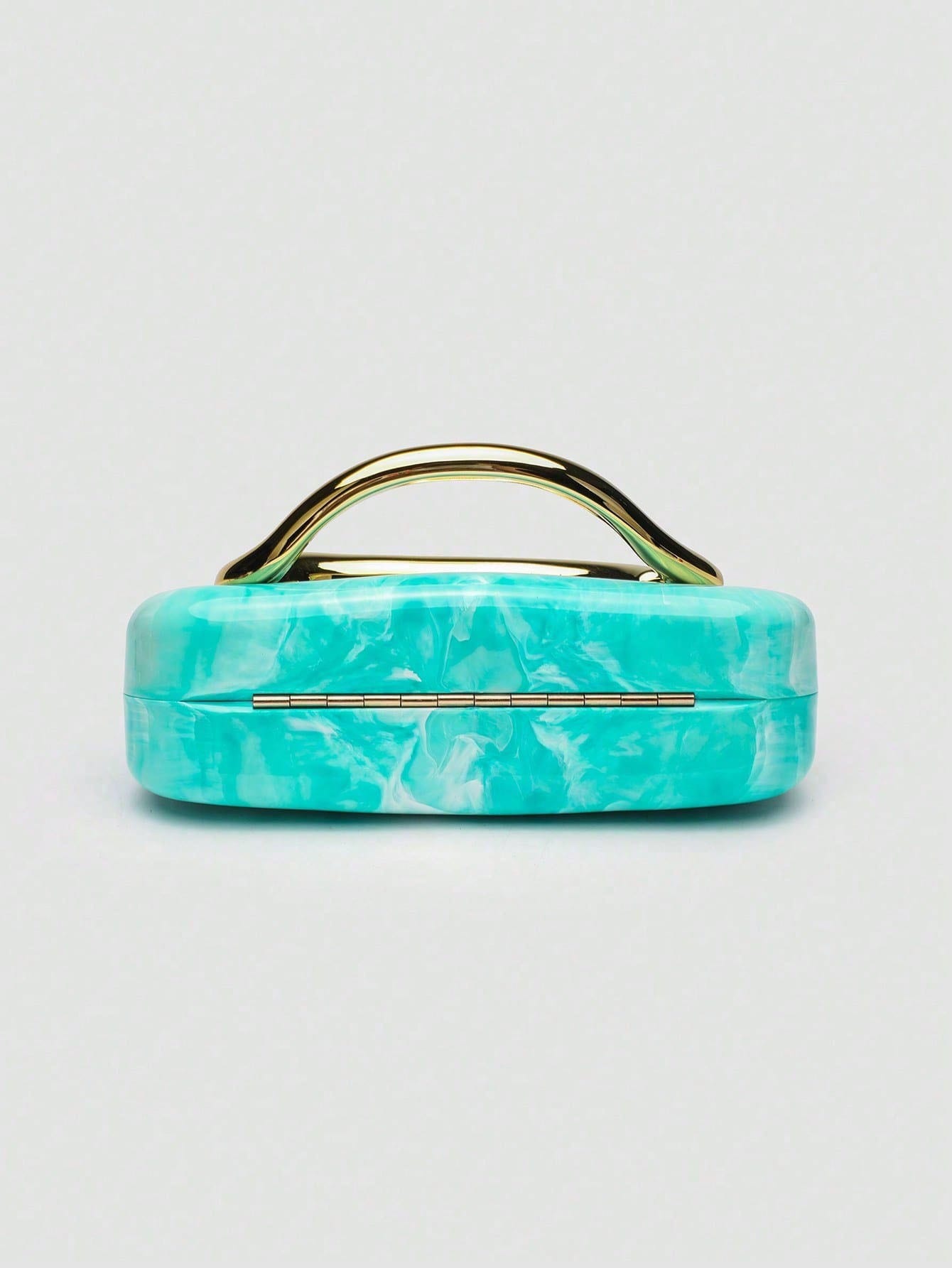 Elegant Bag With Unique Turquoise Marble Texture And Gold Handle,Sleek Hardcase Handbag,Versatile Bag,Perfect For Banquet,Clubbing,Seaside Resorts