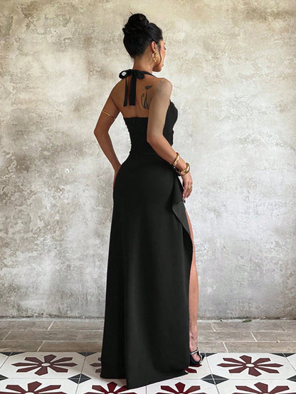 Elegant Sexy Solid Color Party Dress, Featuring Back Slit Design And Asymmetrical High Slit To Thigh, Beach Vacation, Party Black Summer, Date Night