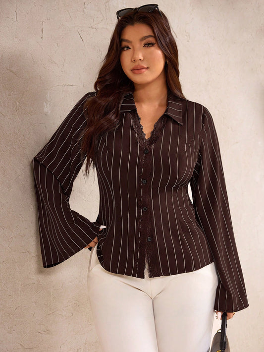 Elegantrix Plus Size Women's Notched Collar Floral Patchwork Button-Front Cinched Waist Flare Sleeve Striped Shirt Business Casual Shirts Fall Autumn