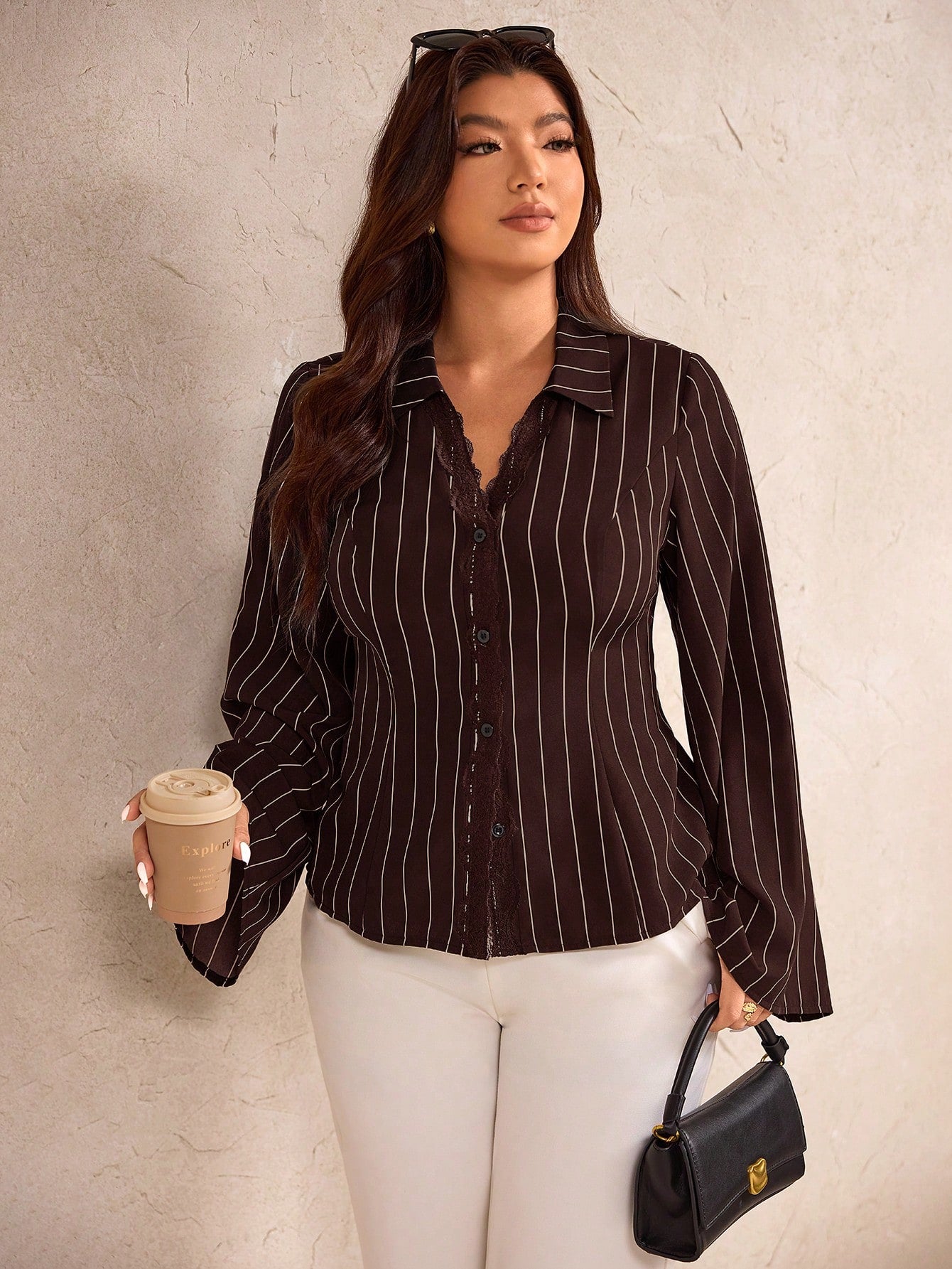 Elegantrix Plus Size Women's Notched Collar Floral Patchwork Button-Front Cinched Waist Flare Sleeve Striped Shirt Business Casual Shirts Fall Autumn
