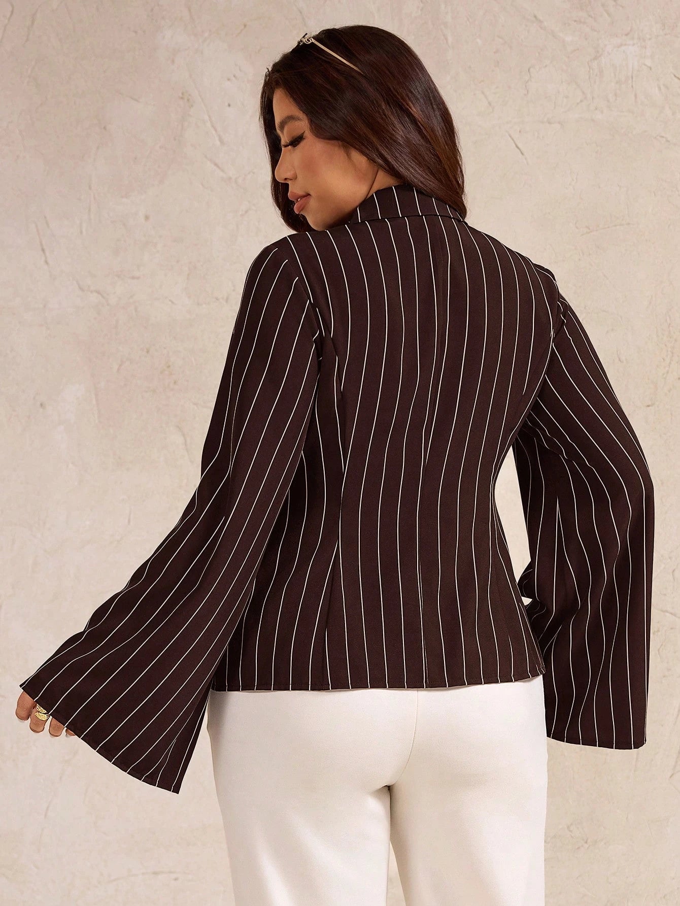 Elegantrix Plus Size Women's Notched Collar Floral Patchwork Button-Front Cinched Waist Flare Sleeve Striped Shirt Business Casual Shirts Fall Autumn
