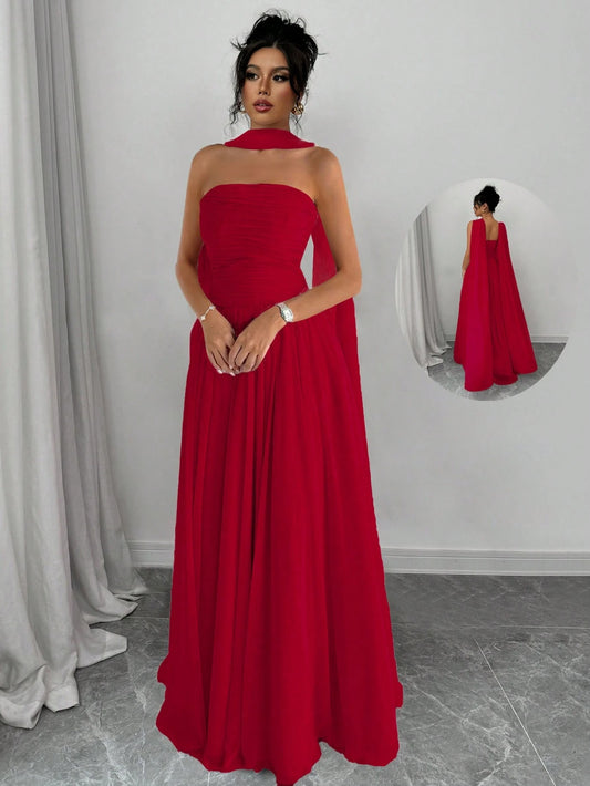 Elenzga 1pc Women Solid Color Halter Dress With Pleated Detail, Elegant Sleeveless Long Dress Maxi Women Outfit