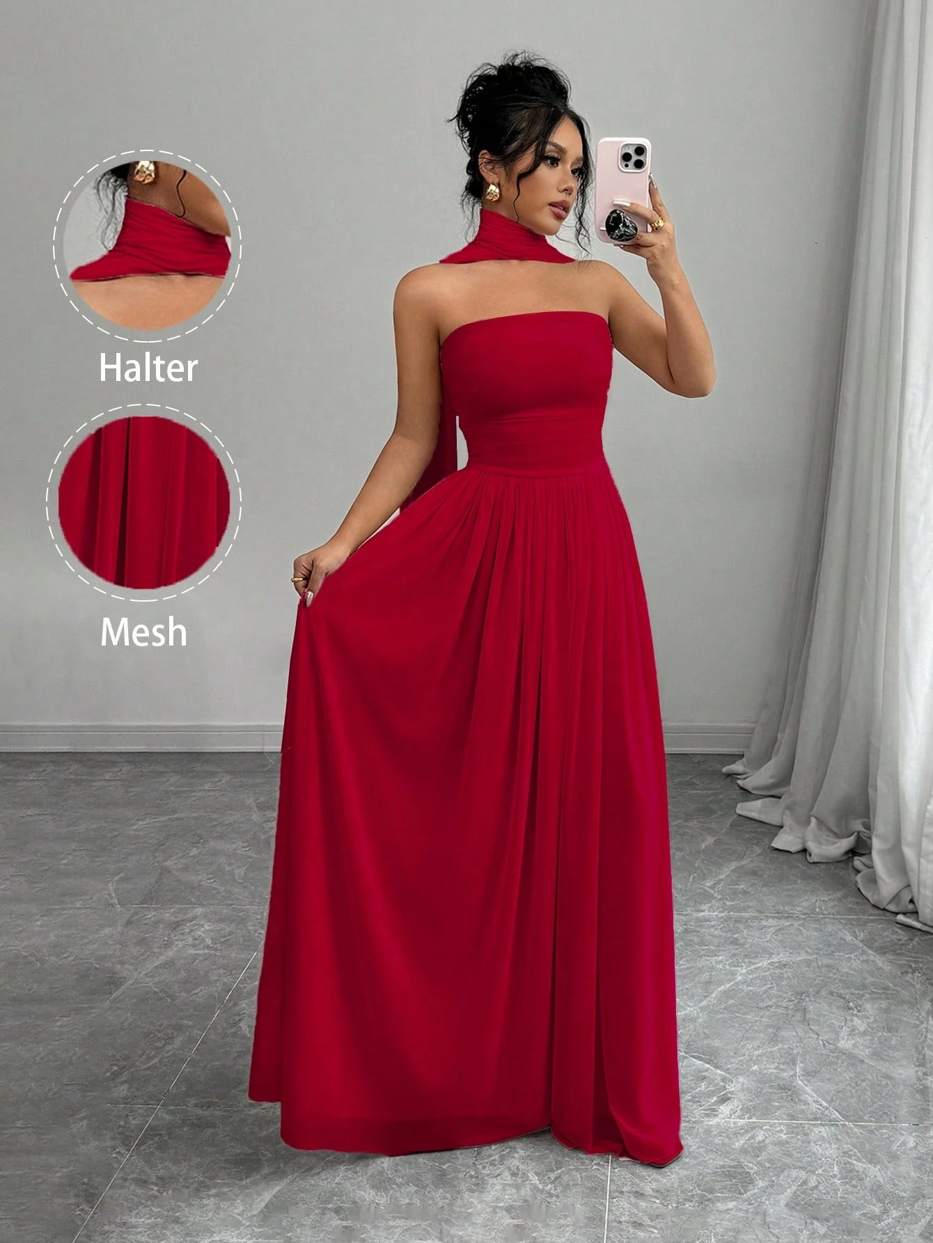 Elenzga 1pc Women Solid Color Halter Dress With Pleated Detail, Elegant Sleeveless Long Dress Maxi Women Outfit
