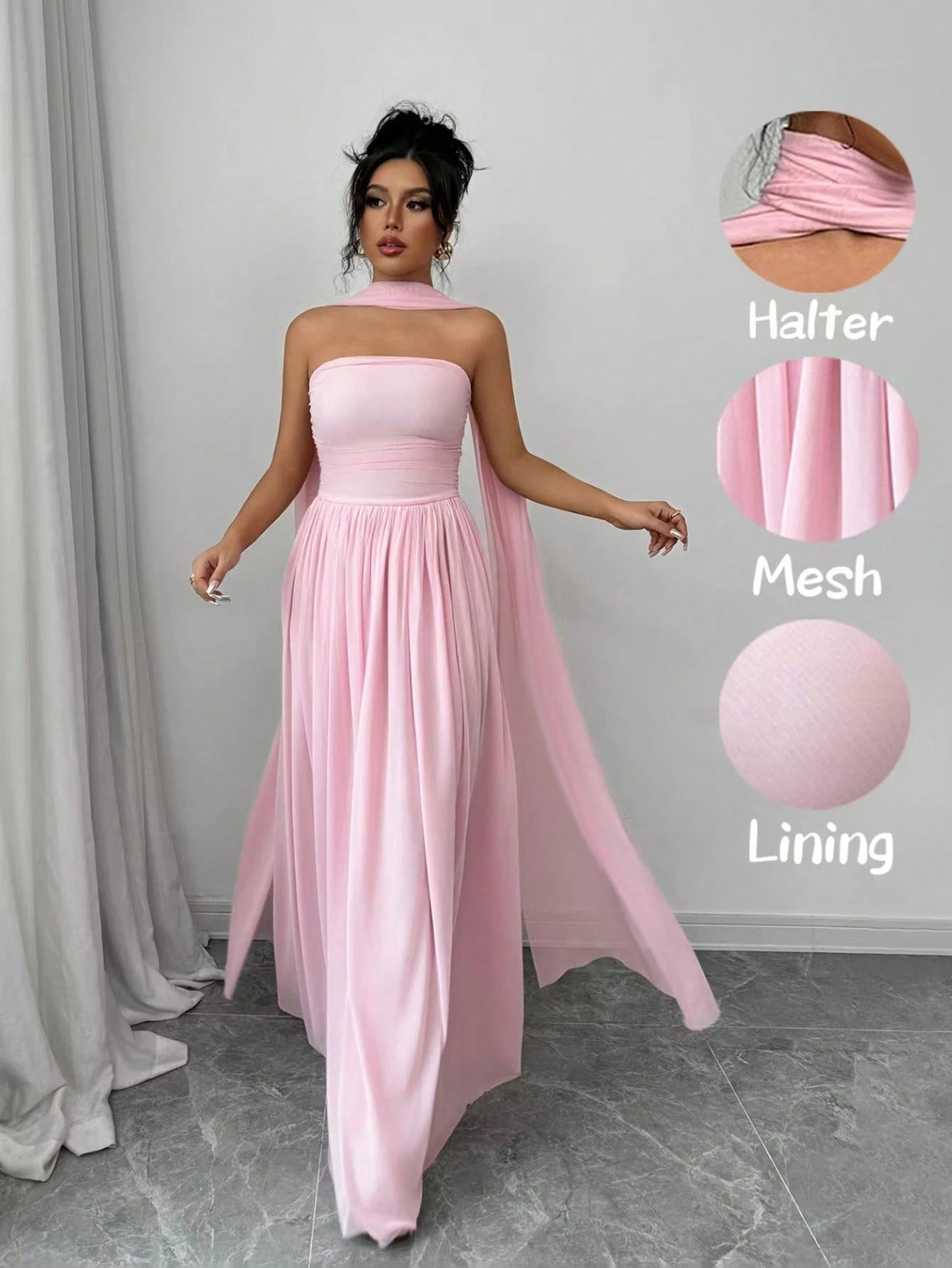 Elenzga 1pc Women Solid Color Halter Dress With Pleated Detail, Elegant Sleeveless Long Dress Maxi Women Outfit